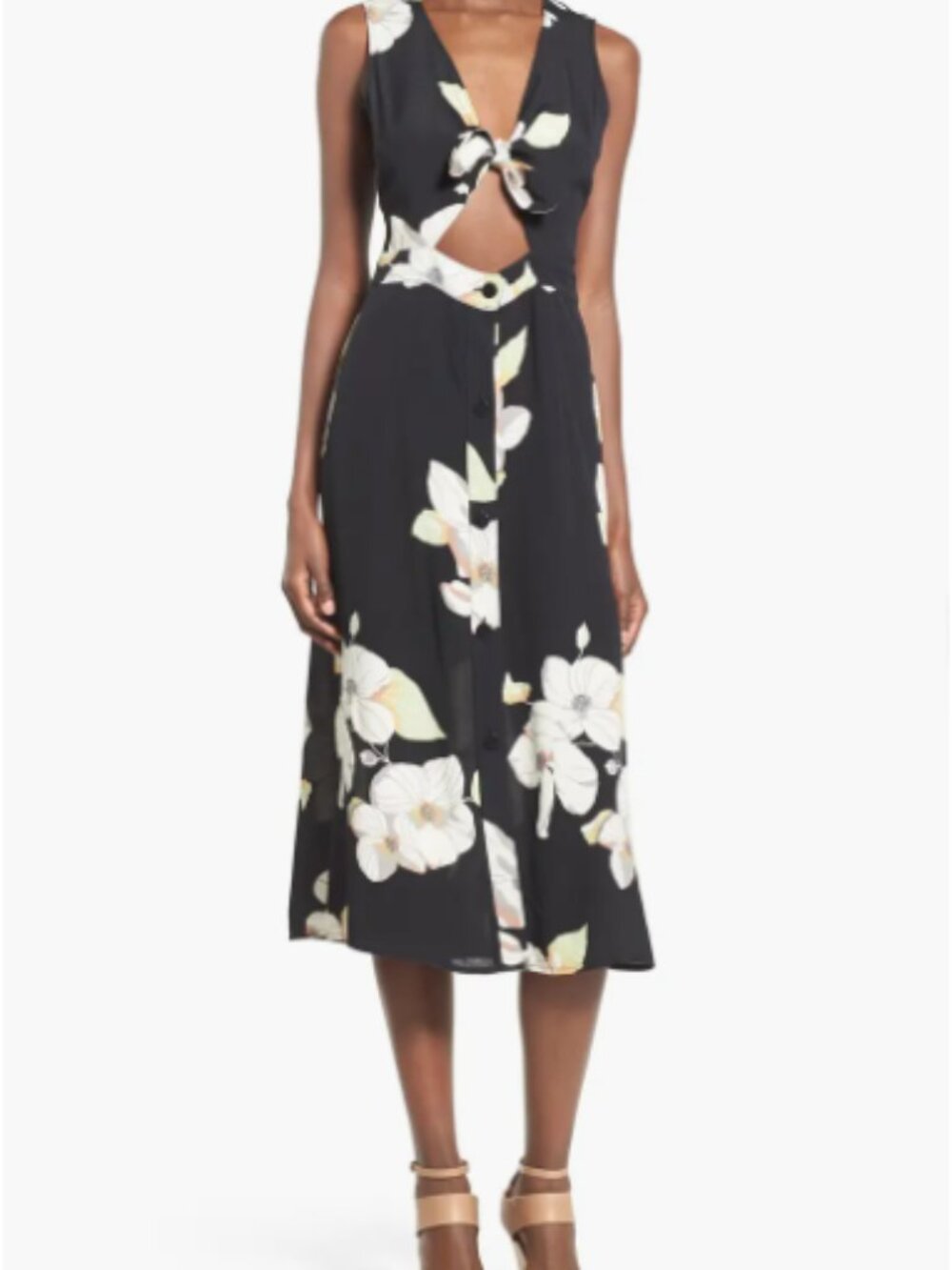 Leith Nordstrom Floral Tie Front Midi Dress - Black - Size M